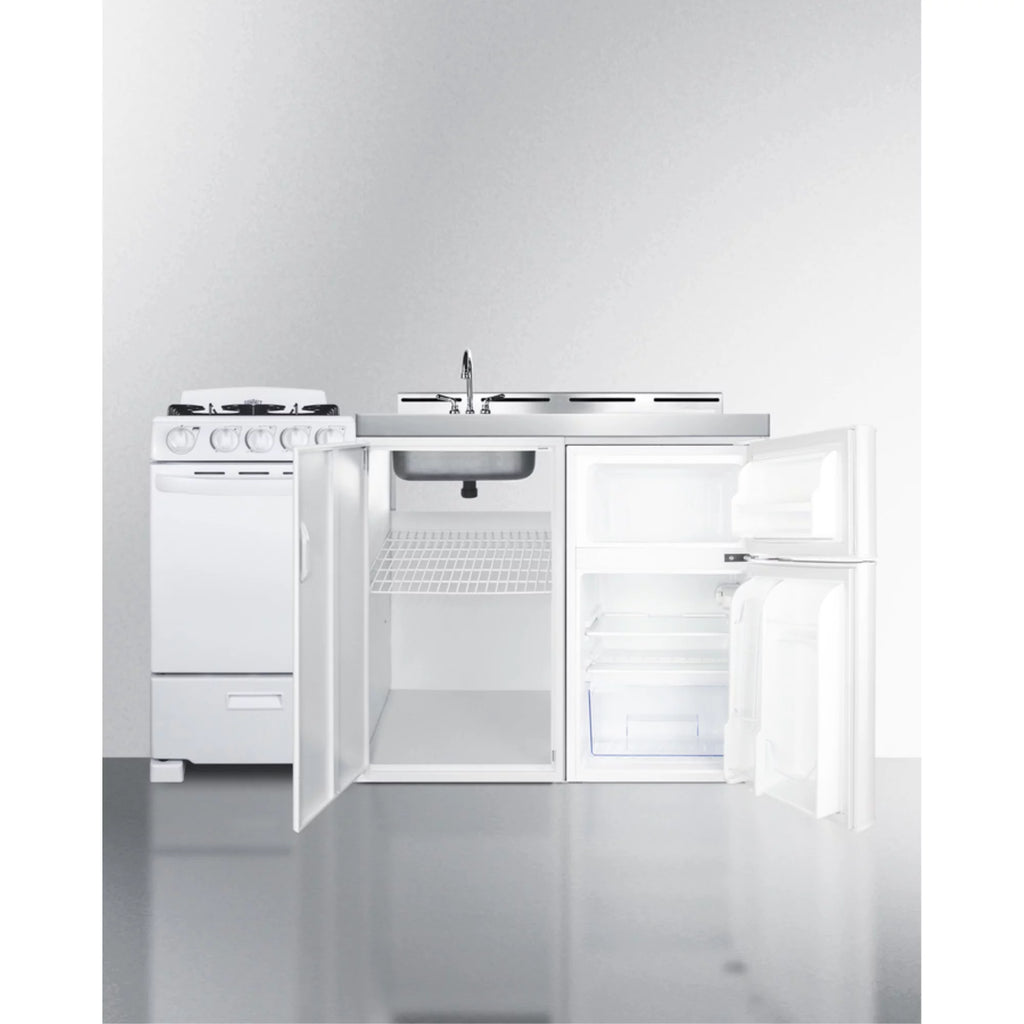 Combination Kitchenette with Refrigerator-Freezer, Sink, Storage Cabinet, and Gas Range U99424