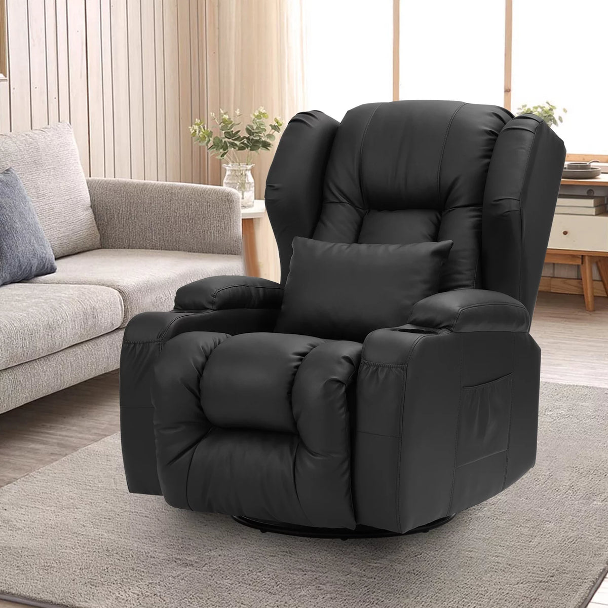 Faux Leather Swivel Rocker Recliner Chair with Cup Holder C9210