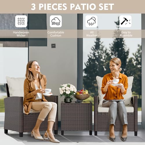 3 Piece Wicker Rattan Patio Furniture Set with Glass Table I2232