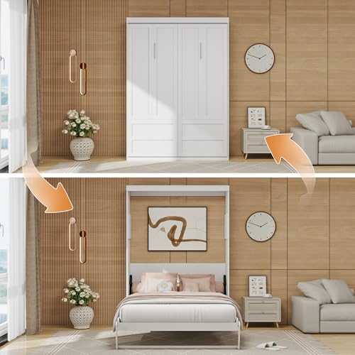 Full Size Space Saving Wall Murphy Bed Convertible Hidden Bed White N8715