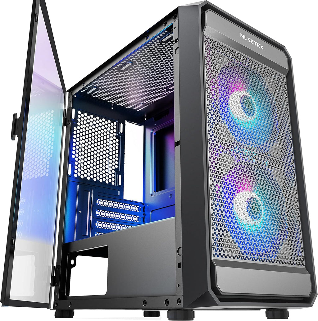 Micro-ATX PC Case with 2 ARGB Fans Type-C USB 3.0 Mesh Front Tempered Glass D93777