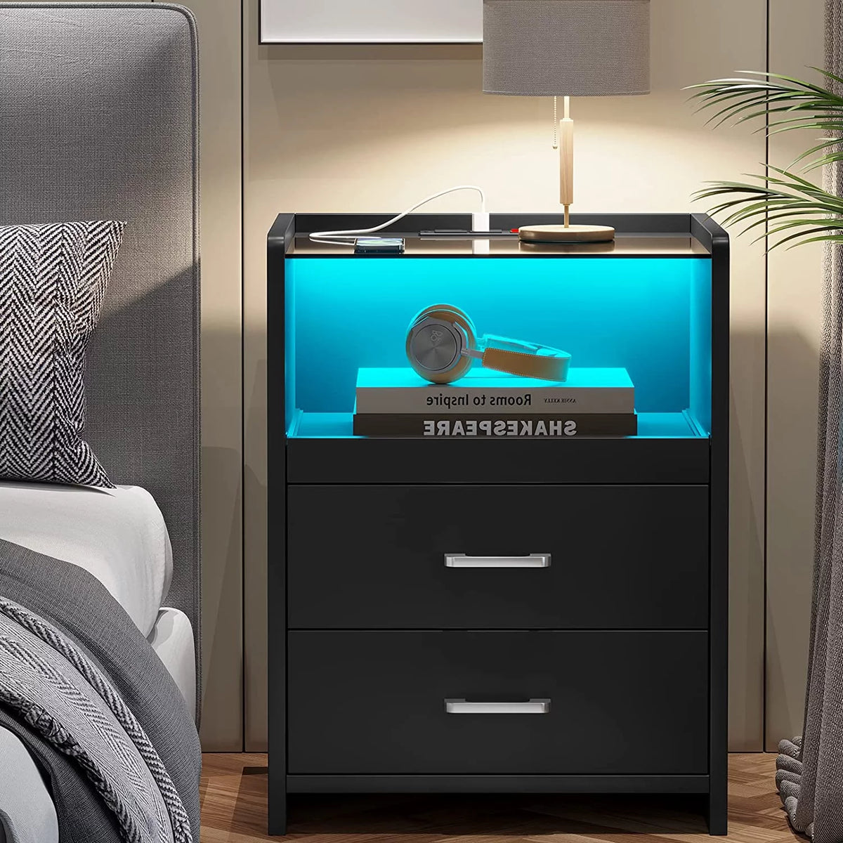 Black Set of 2 LED Nightstand with Charging Station J551935