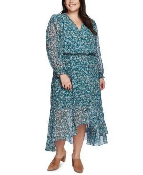 Teal Button Floral Long Sleeve V Neck Maxi Dress Plus 2X N30336