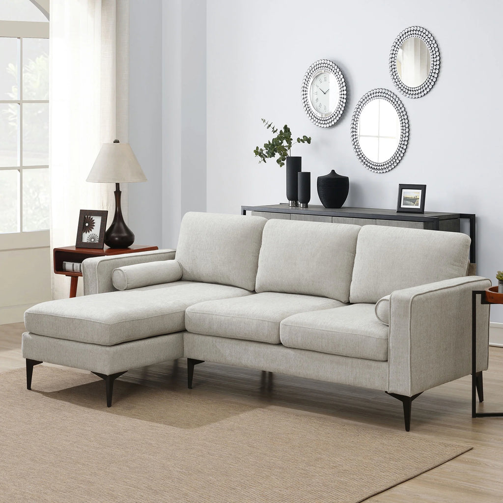 L-Shaped Sectional Sofa with Reversible Chaise, 3 Seater Chenille Fabric Modular Couch with Pillows Metal Legs X303613