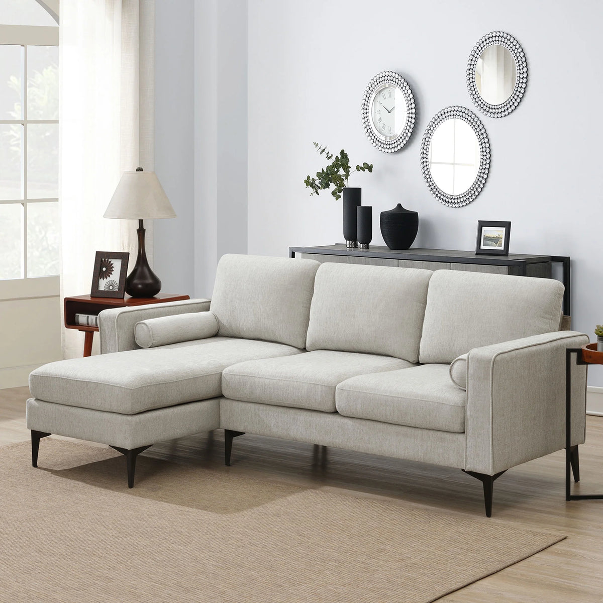 L-Shaped Sectional Sofa with Reversible Chaise, 3 Seater Chenille Fabric Modular Couch with Pillows Metal Legs X303613
