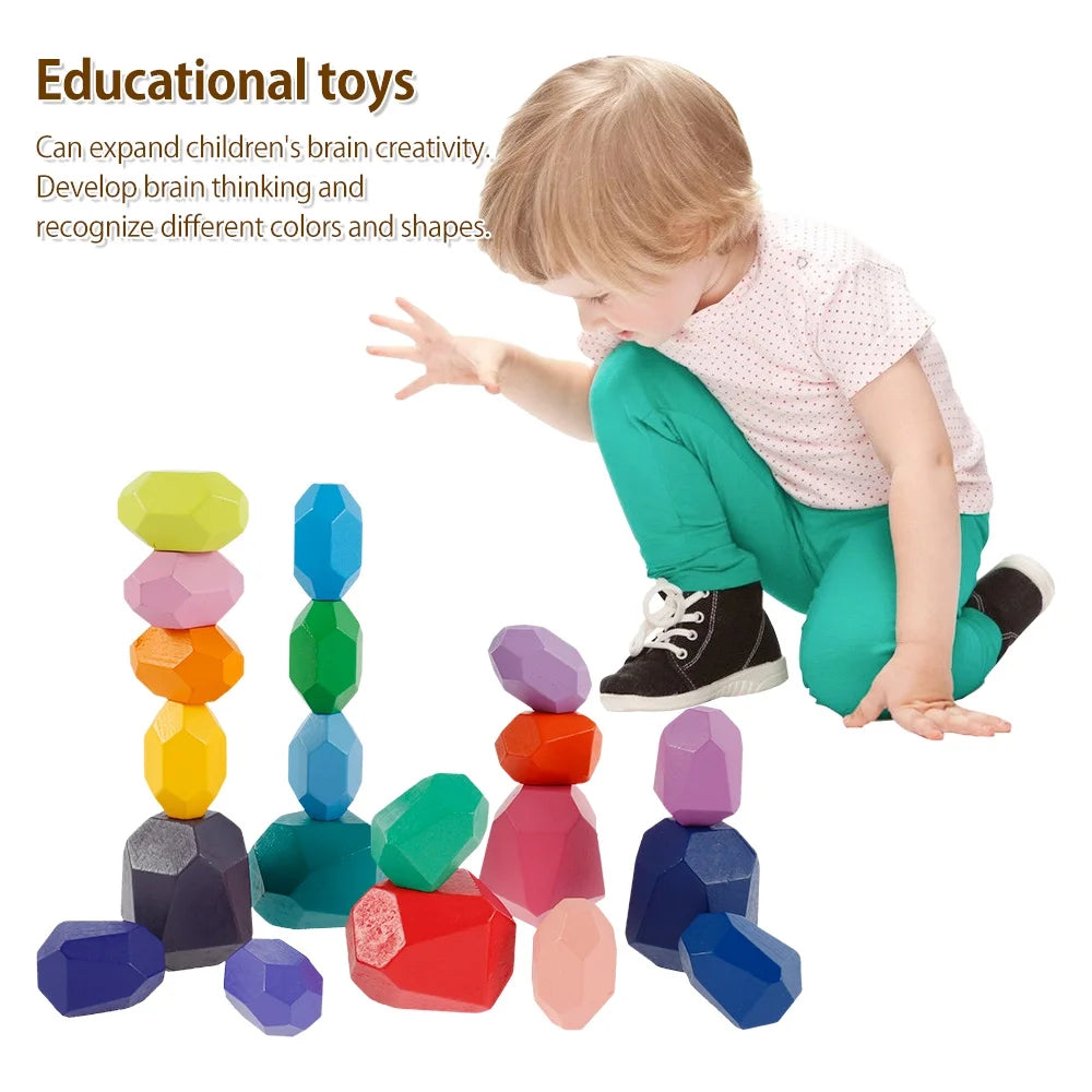 Kids Wooden Colored Balancing Stone Stacking Building Block Toy J4329