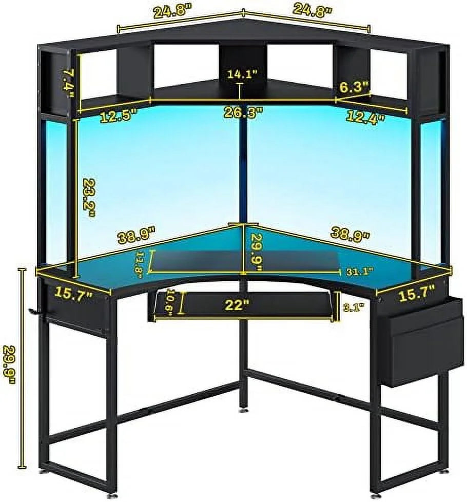 Rust Corner Desk with Hutch & LED Lights U3272