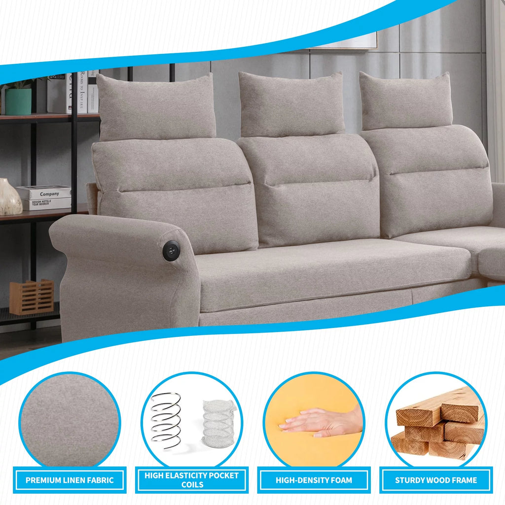 Beige L-Shaped Sectional Sofa with Storage Ottoman and 2 USB Ports C88575