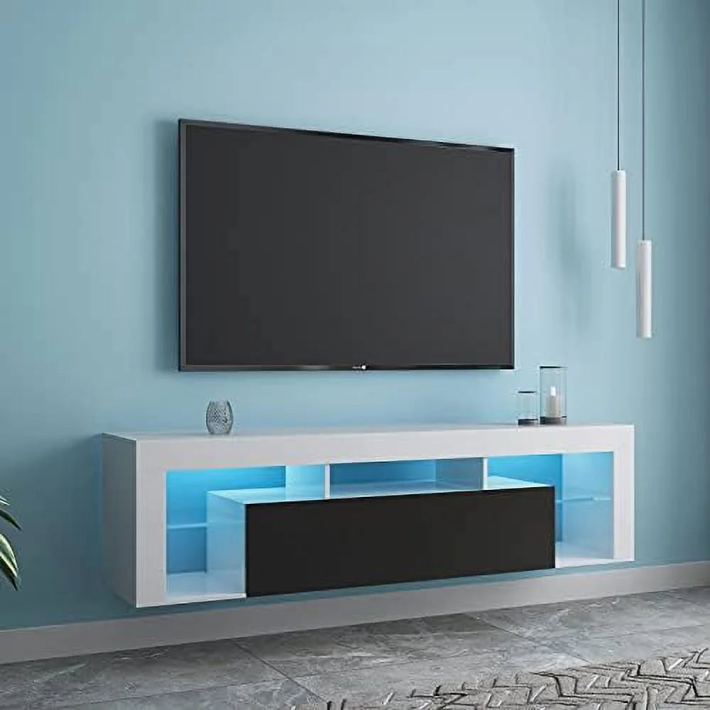 Floating TV Stand Wall Mounted with 16 Color LEDs 63" Wood TV Console 2 Drawers R28830