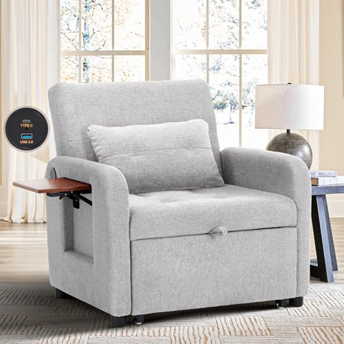 Lightgrey Fabric Convertible Sleeper Sofa Bed with USB Port B58477