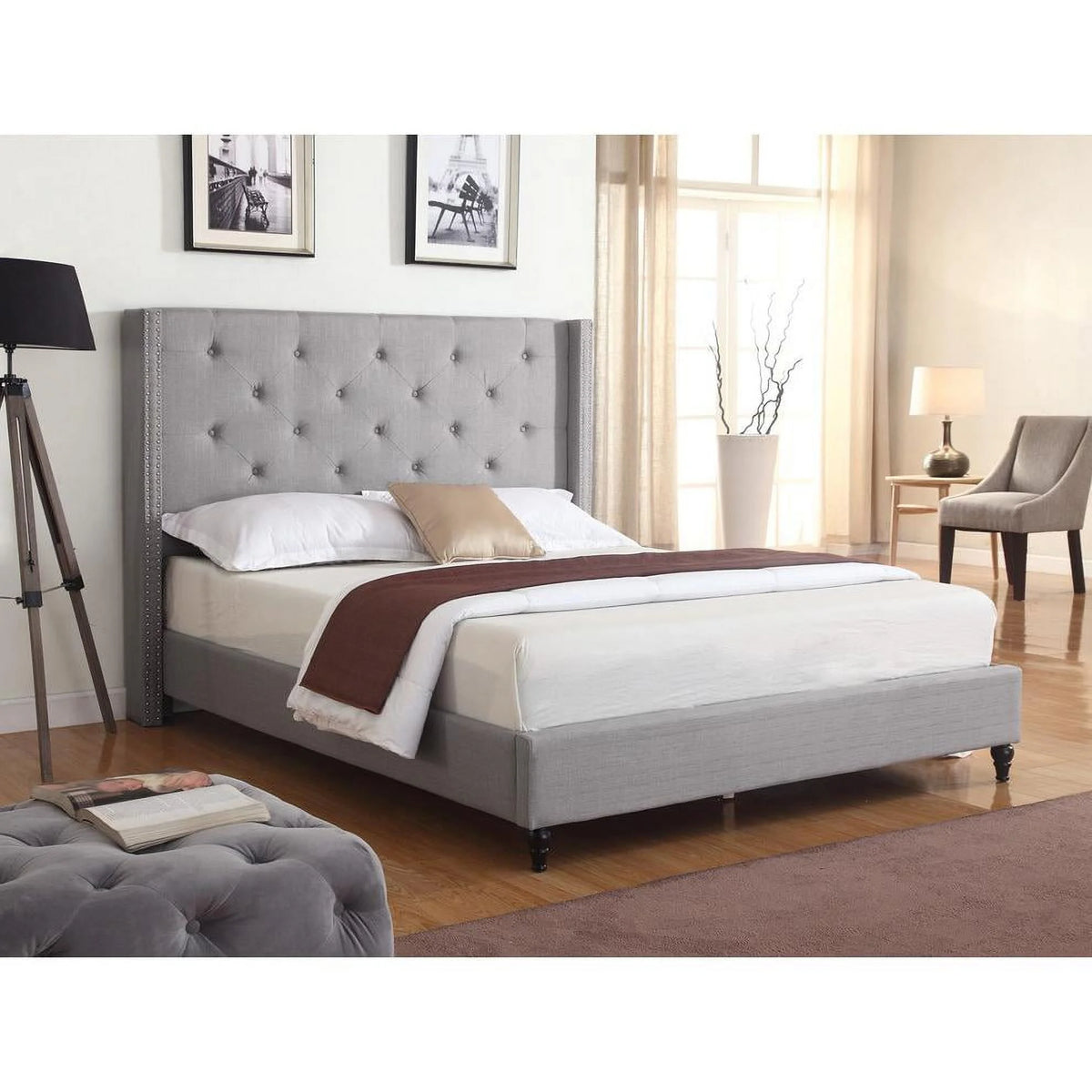 Gray Fabric Upholstered Wingback Cal King Platform Bed B86520