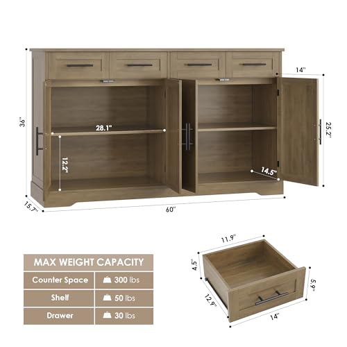 60" Ash Gray Buffet Sideboard with 4 Drawer Z590