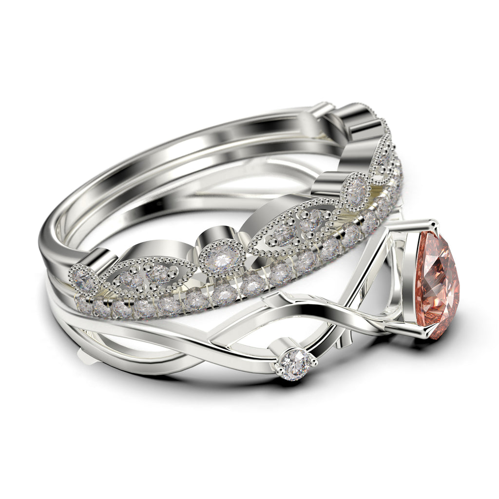 2.10 Carat Pear Cut Morganite And Diamond Moissanite Engagement Ring in 925 Sterling Silver With 18k White Gold Plating, Trio Ring Set M855
