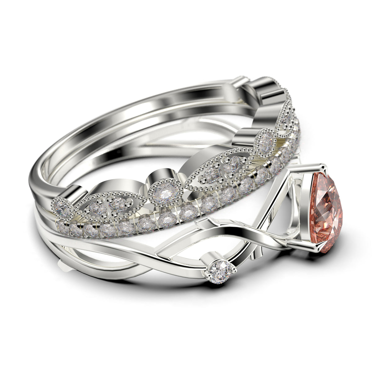 2.10 Carat Pear Cut Morganite And Diamond Moissanite Engagement Ring in 925 Sterling Silver With 18k White Gold Plating, Trio Ring Set M855