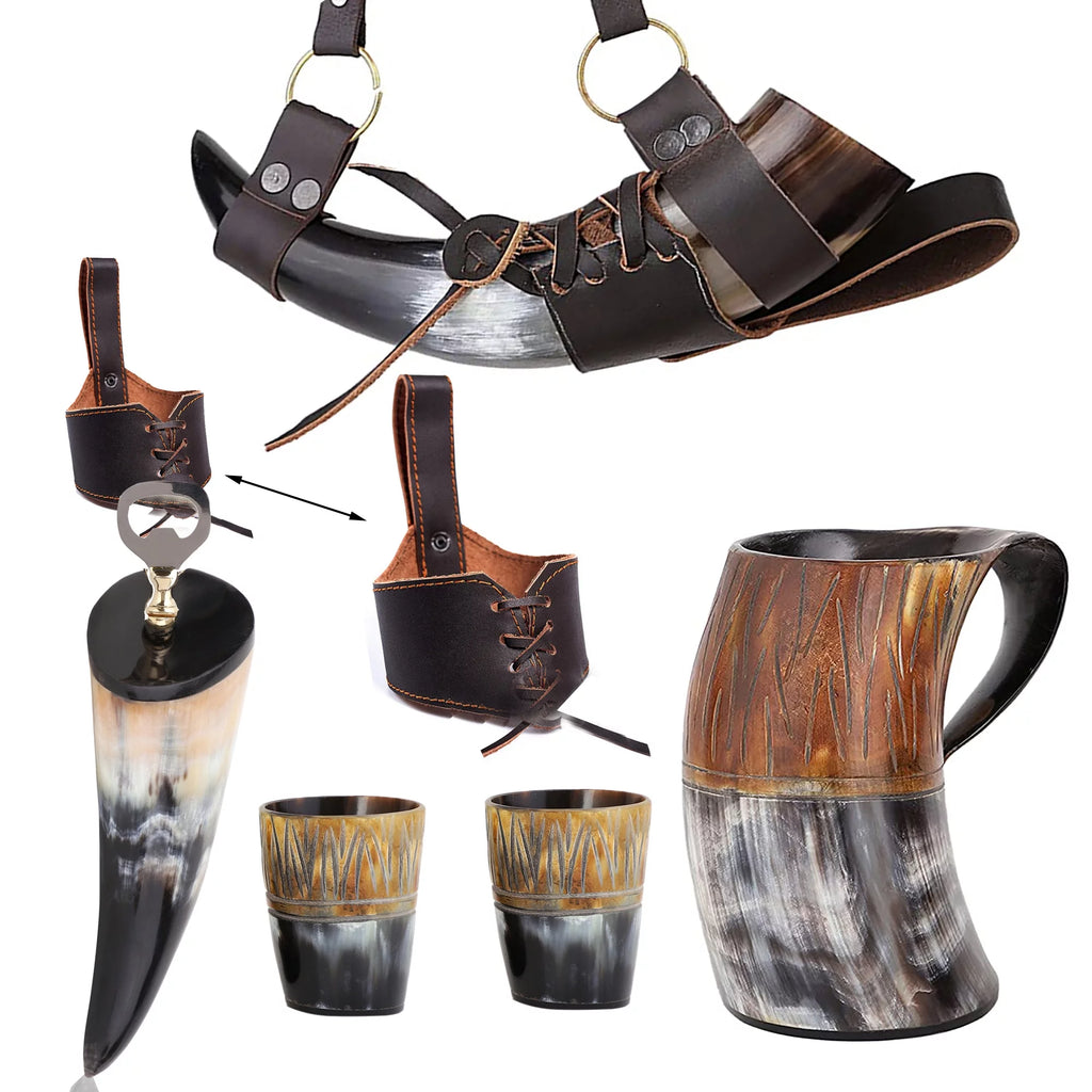 Handmade Natural Ox-Horn Drinking Horn Set with Belt Holster T39931