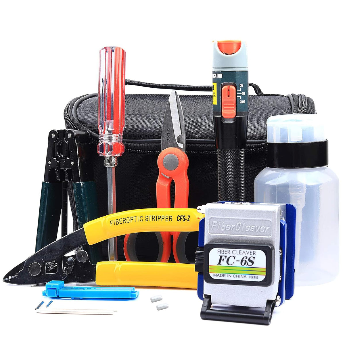 16 in 1 FTTH Fiber Optical Cable Cold Connection Tool Kit with FC-6S Fiber Cleaver Aluminum Visual Fault Locator Cable Tester Stripper Tool Kevlar Scissors Equipment U769