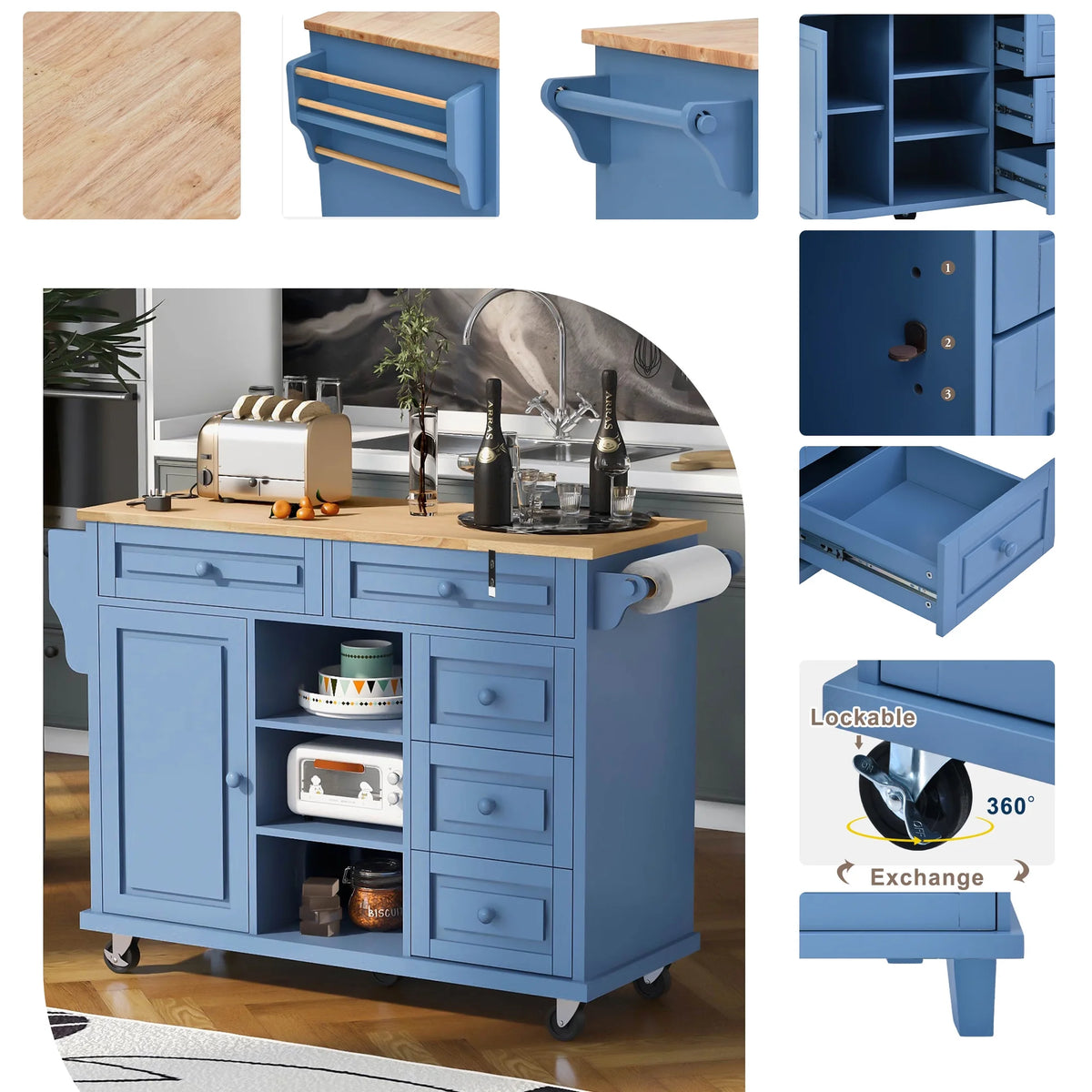 Mobile Kitchen Island Cart with Doors Drawers L9627