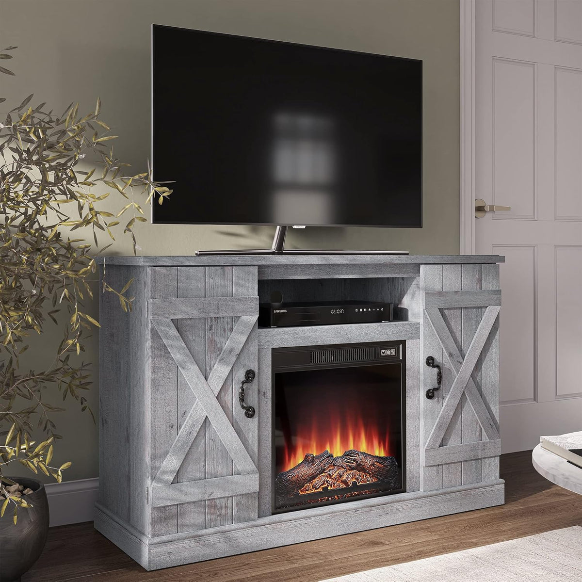 Industrial Electric Fireplace TV Stand with Open Storage Shelves J233
