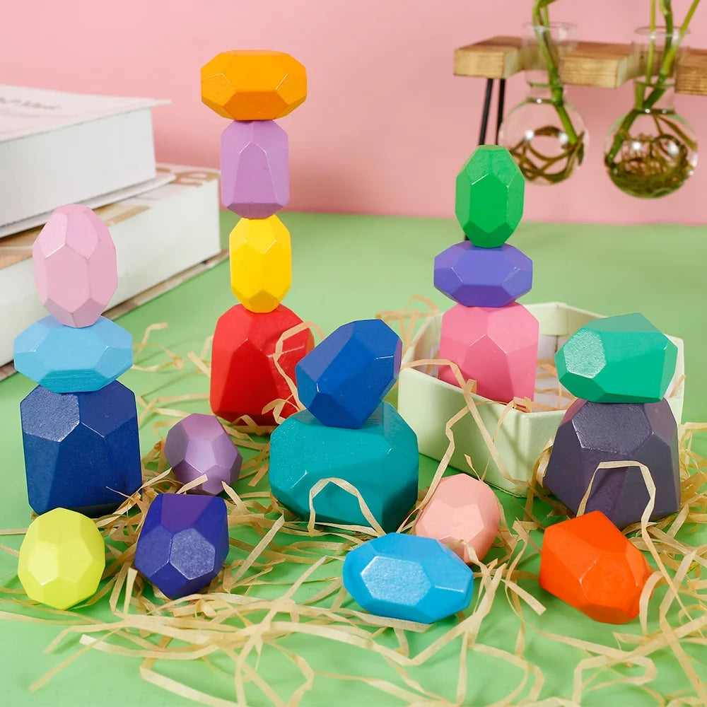Kids Wooden Colored Balancing Stone Stacking Building Block Toy J4329