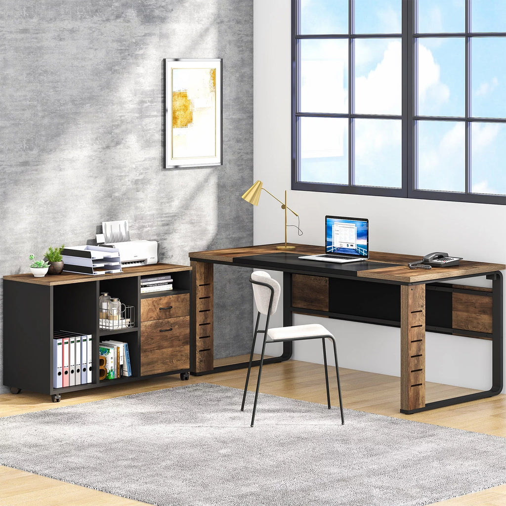 59 inch L-Shaped Computer Desk with File Cabinet P895