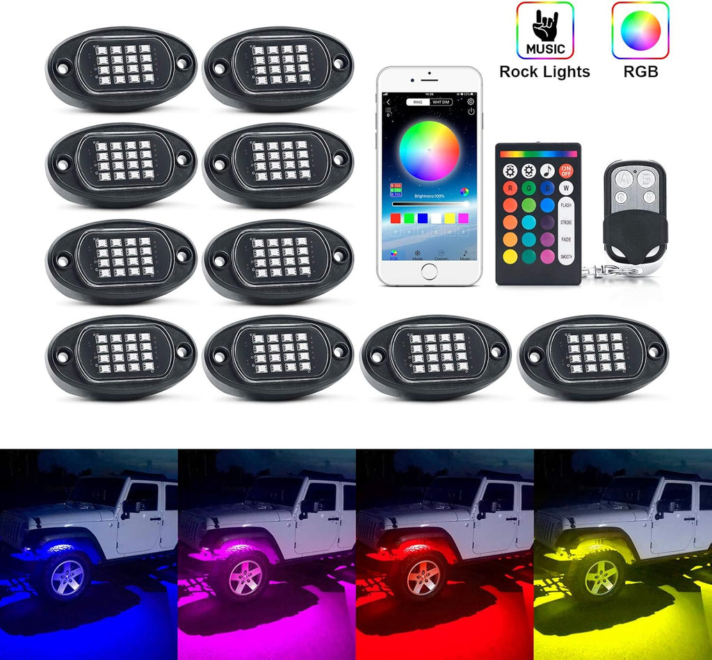 RGB LED Rock Lights with Remote Control, Music Sync Waterproof Underglow Lighting Kit P3634