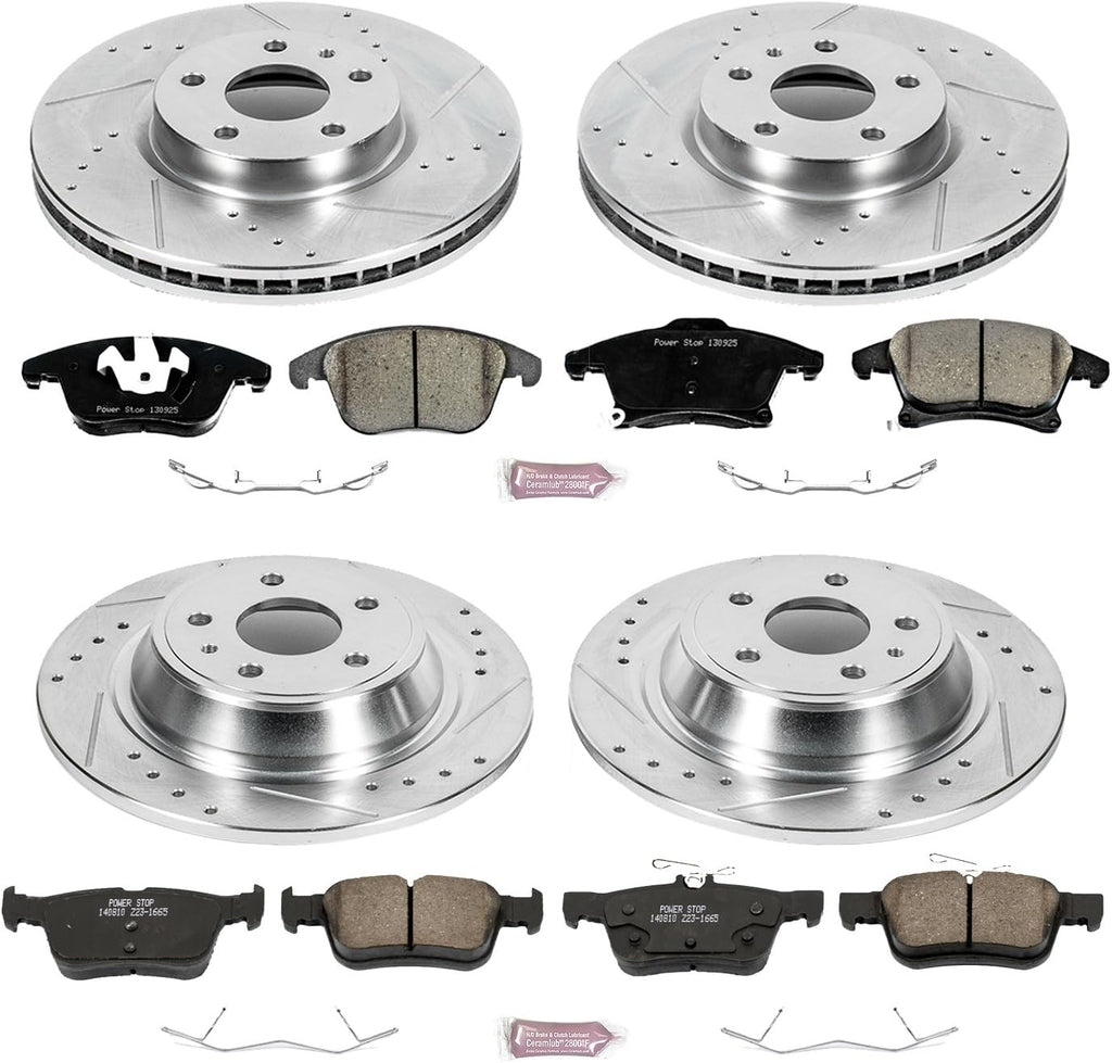 Front and Rear Carbon Fiber Brake Pads with Drilled & Slotted Brake Rotors Kit A20913