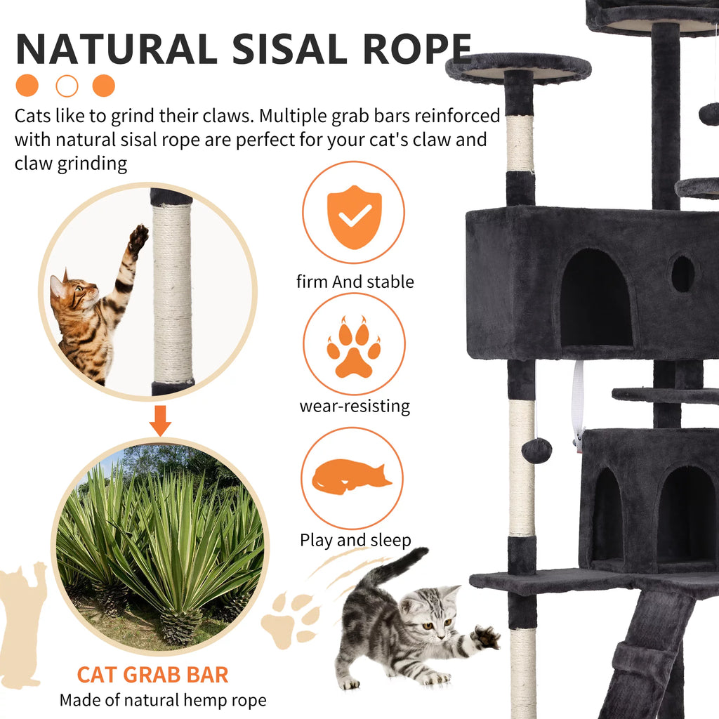 70in Dark Gray Multi-Level Cat Tree Tower with Scratching Posts S7296