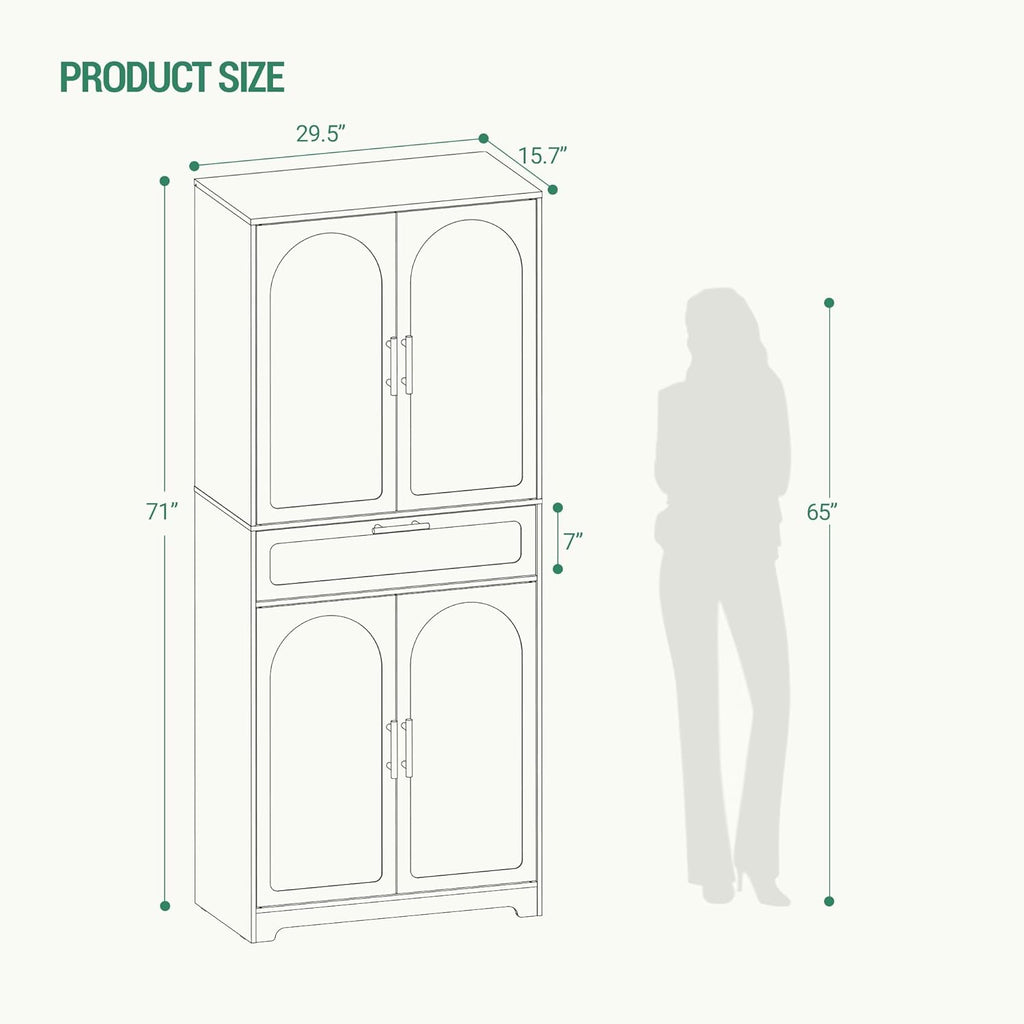 White Tall Kitchen Pantry Storage Cabinet with Adjustable Shelves, 1 Drawer, 4 Doors U827