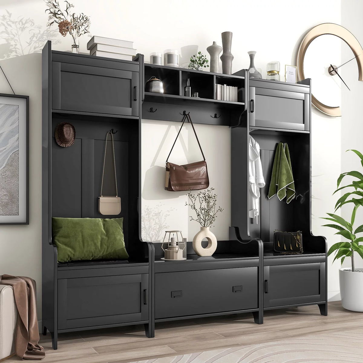 Black Hall Tree with Bench and Shoe Storage V1101