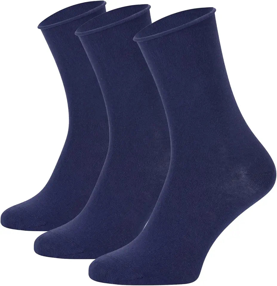 3 Pairs Organic Cotton Diabetic Socks for Women Loose Fit Crew Sock Navy E205619