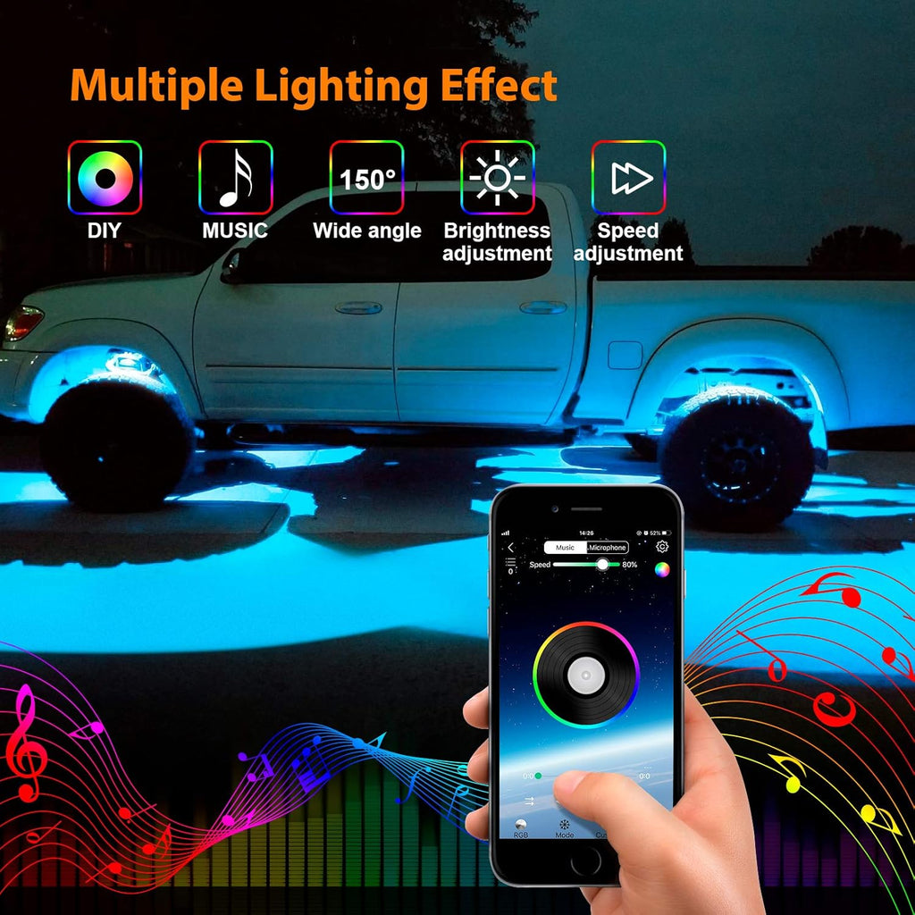 RGB LED Rock Lights with Remote Control, Music Sync Waterproof Underglow Lighting Kit P3634