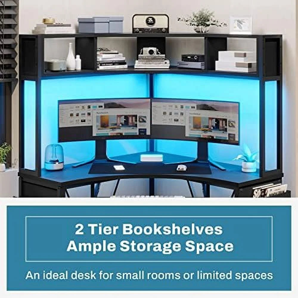 Rust Corner Desk with Hutch & LED Lights U3272
