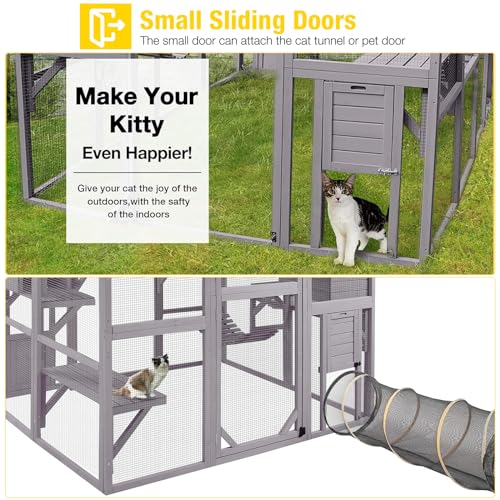 Cat House Outdoor Catio Kitty Enclosure with Wooden Cat Cage Condo Indoor Playpen with Platforms, 70 Inch H5237