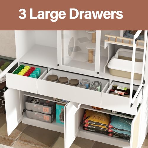 White Cat Litter Box Enclosure with Scratch Post, Stairs, Storage Drawers, Shelves, Sisal Doors E771