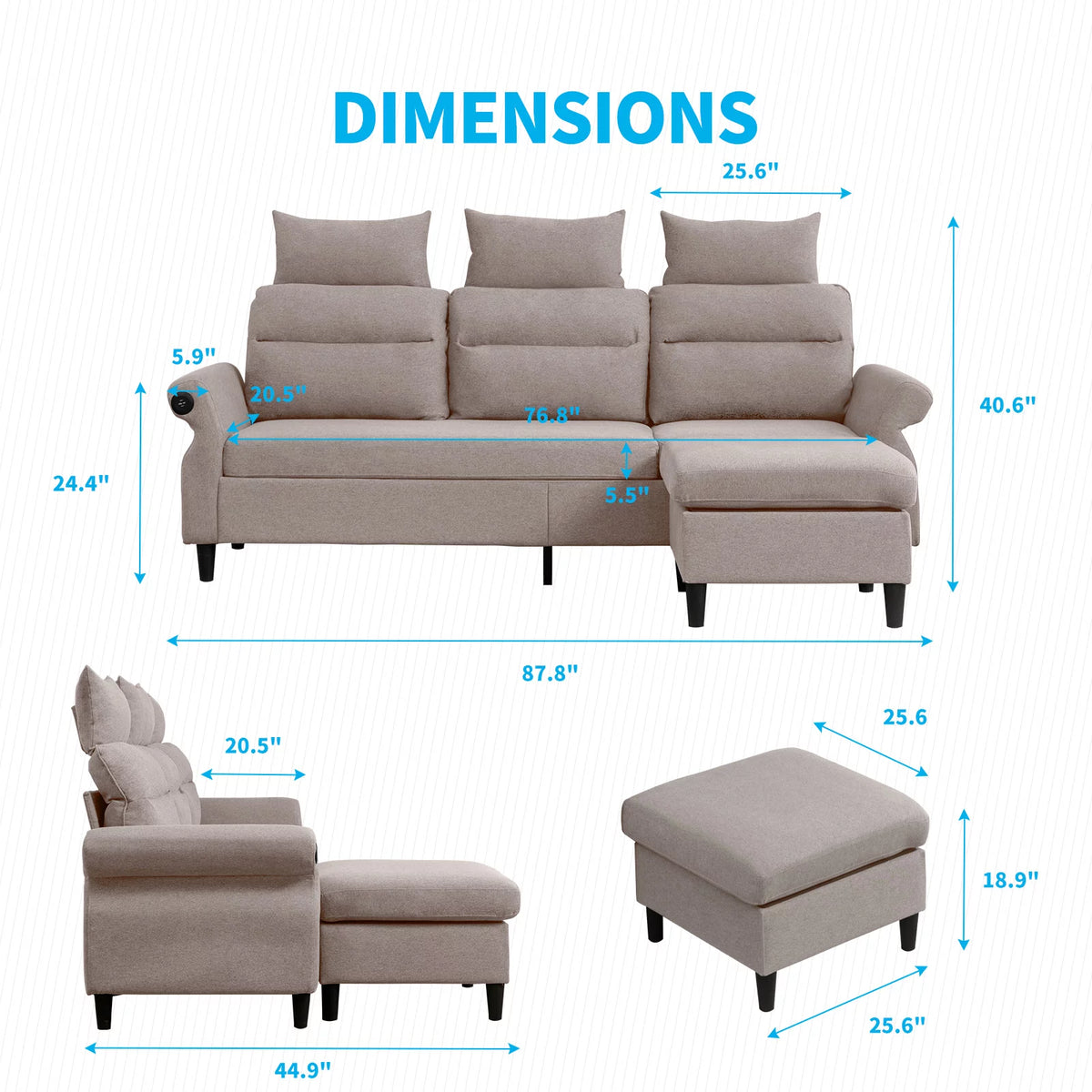 Beige L-Shaped Sectional Sofa with Storage Ottoman and 2 USB Ports C88575