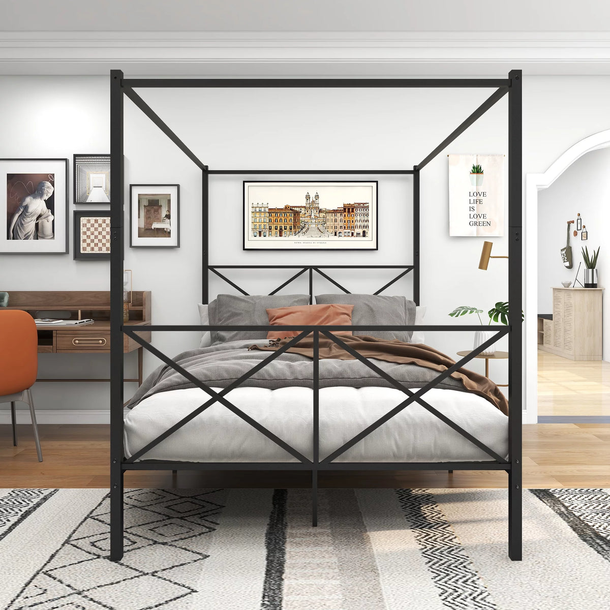 Queen Black Metal Canopy Platform Bed Frame V18815