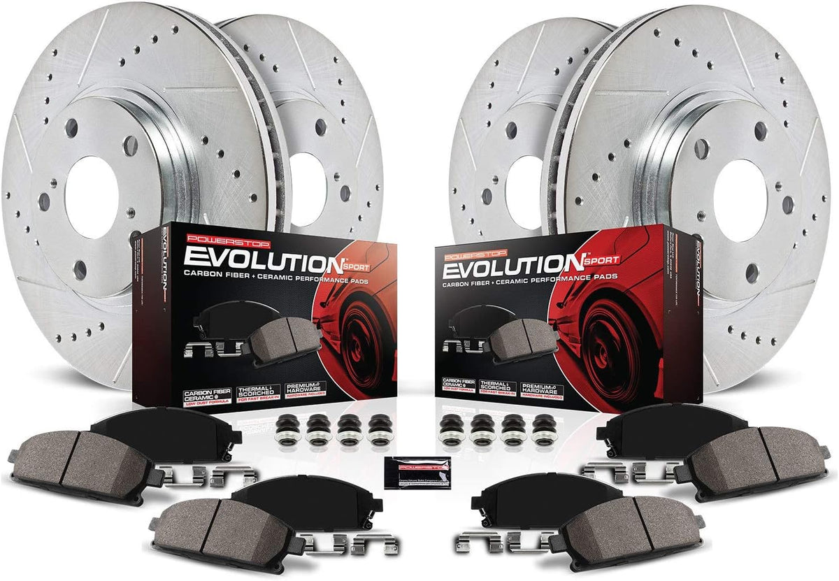 Front and Rear Carbon Fiber Brake Pads with Drilled & Slotted Brake Rotors Kit A20913