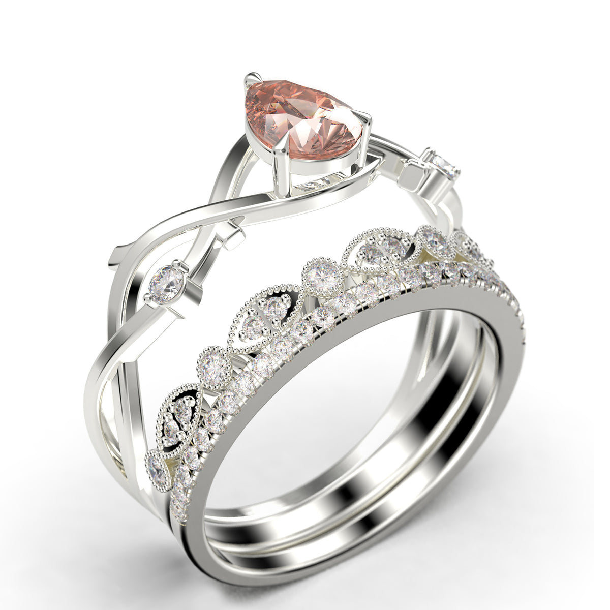 2.10 Carat Pear Cut Morganite And Diamond Moissanite Engagement Ring in 925 Sterling Silver With 18k White Gold Plating, Trio Ring Set M855