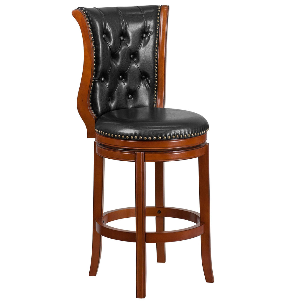 Brandy Wood Barstool with Black Leather Swivel Seat H112535
