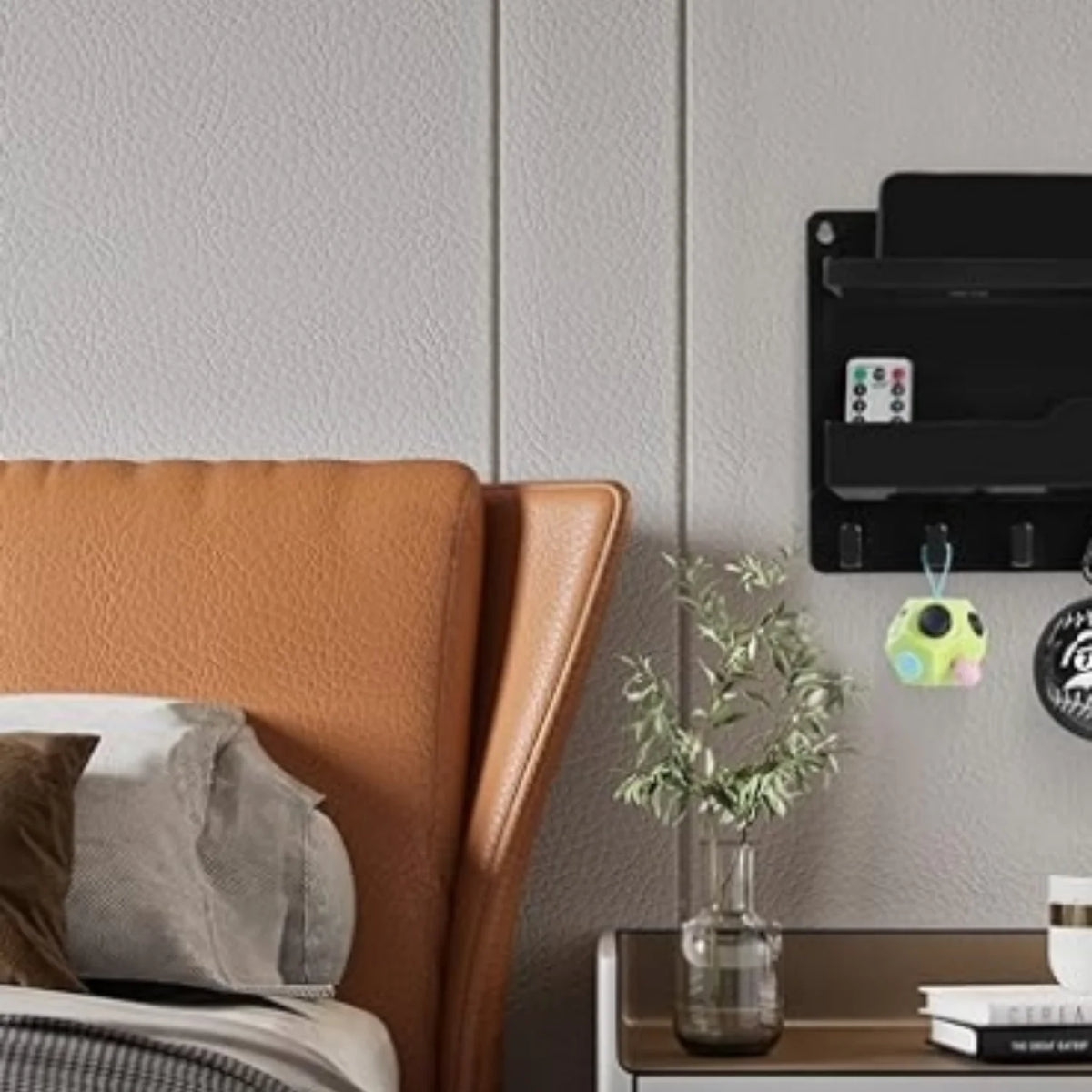 Black Plastic Wall Mount Shelf with Hooks and Cable Clips I579576