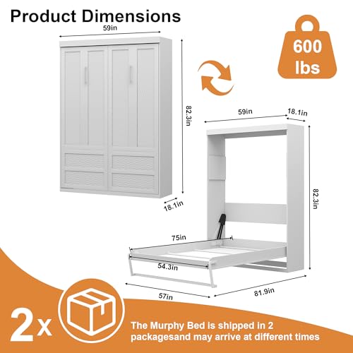 Full Size Space Saving Wall Murphy Bed Convertible Hidden Bed White N8715
