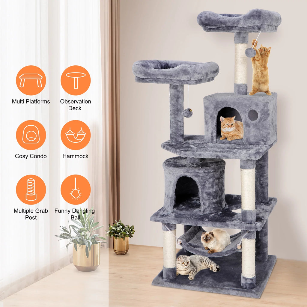 Gray Multi-Level Cat Tree with Scratching Posts and Hammock I4861