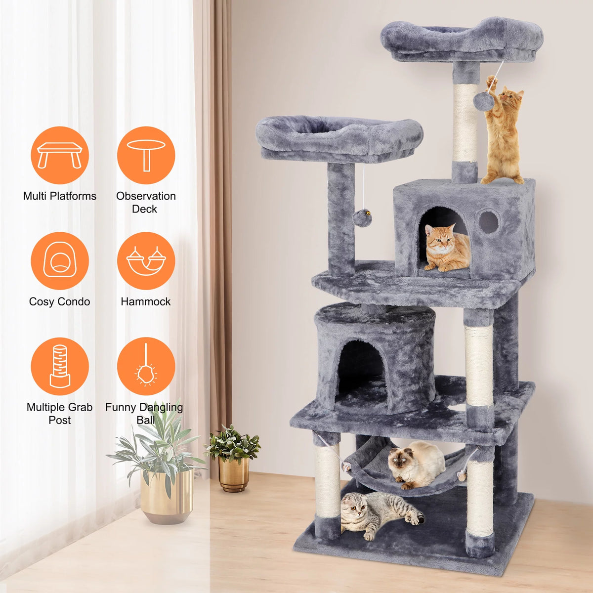 Gray Multi-Level Cat Tree with Scratching Posts and Hammock I4861