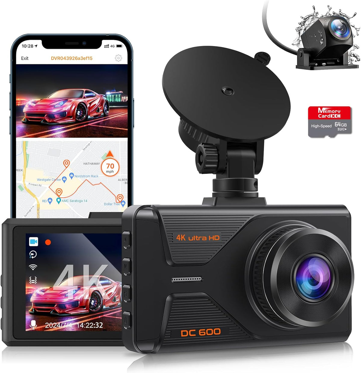 4K+1080P WiFi GPS Dash Camera with 64G SD Card A15612