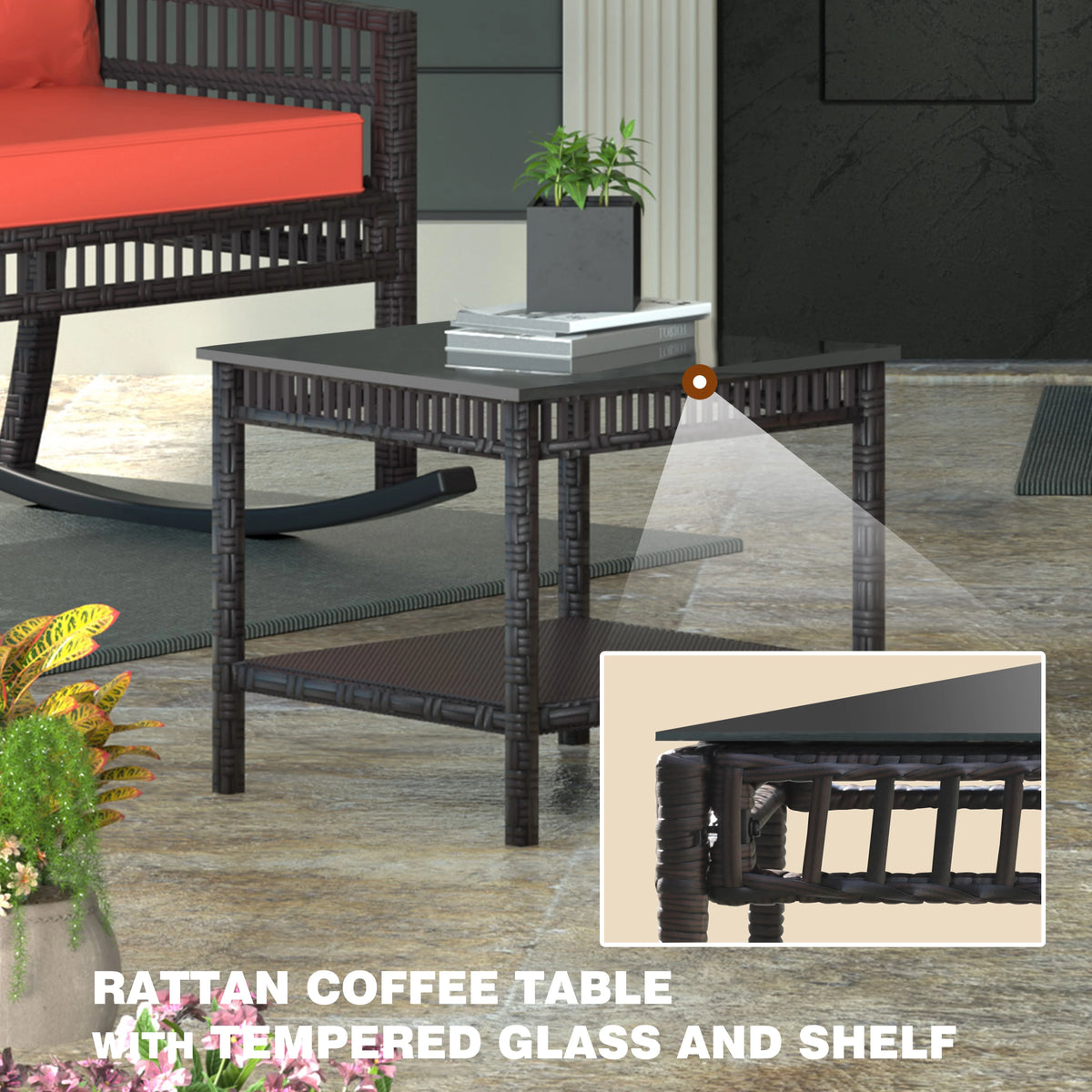 3-Piece Wicker Outdoor Rocking Chair Bistro Set with Table & Cushions N148710