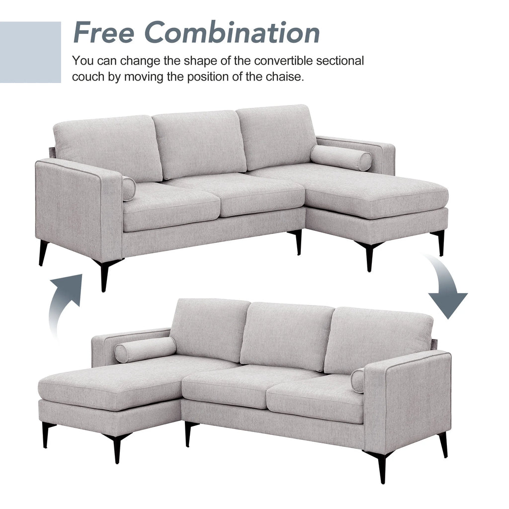 L-Shaped Sectional Sofa with Reversible Chaise, 3 Seater Chenille Fabric Modular Couch with Pillows Metal Legs X303613