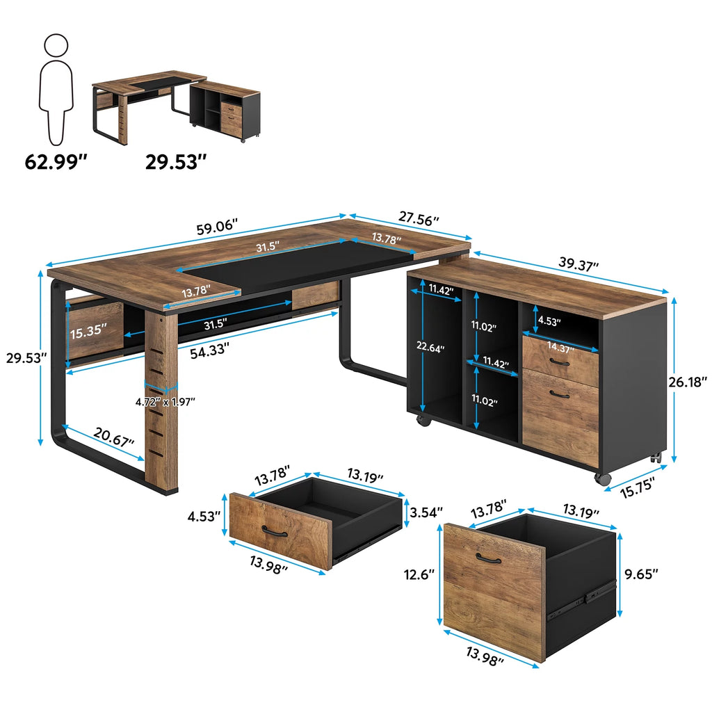 59 inch L-Shaped Computer Desk with File Cabinet P895