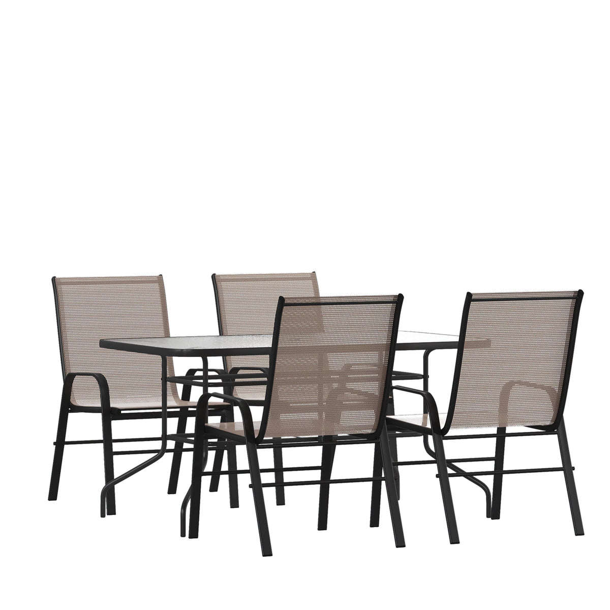 5 Piece Outdoor Patio Dining Set with Umbrella Hole, 4 Brown Stack Chairs I223