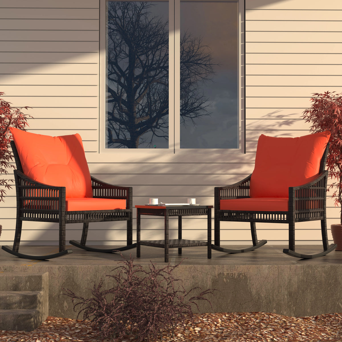 3-Piece Wicker Outdoor Rocking Chair Bistro Set with Table & Cushions N148710