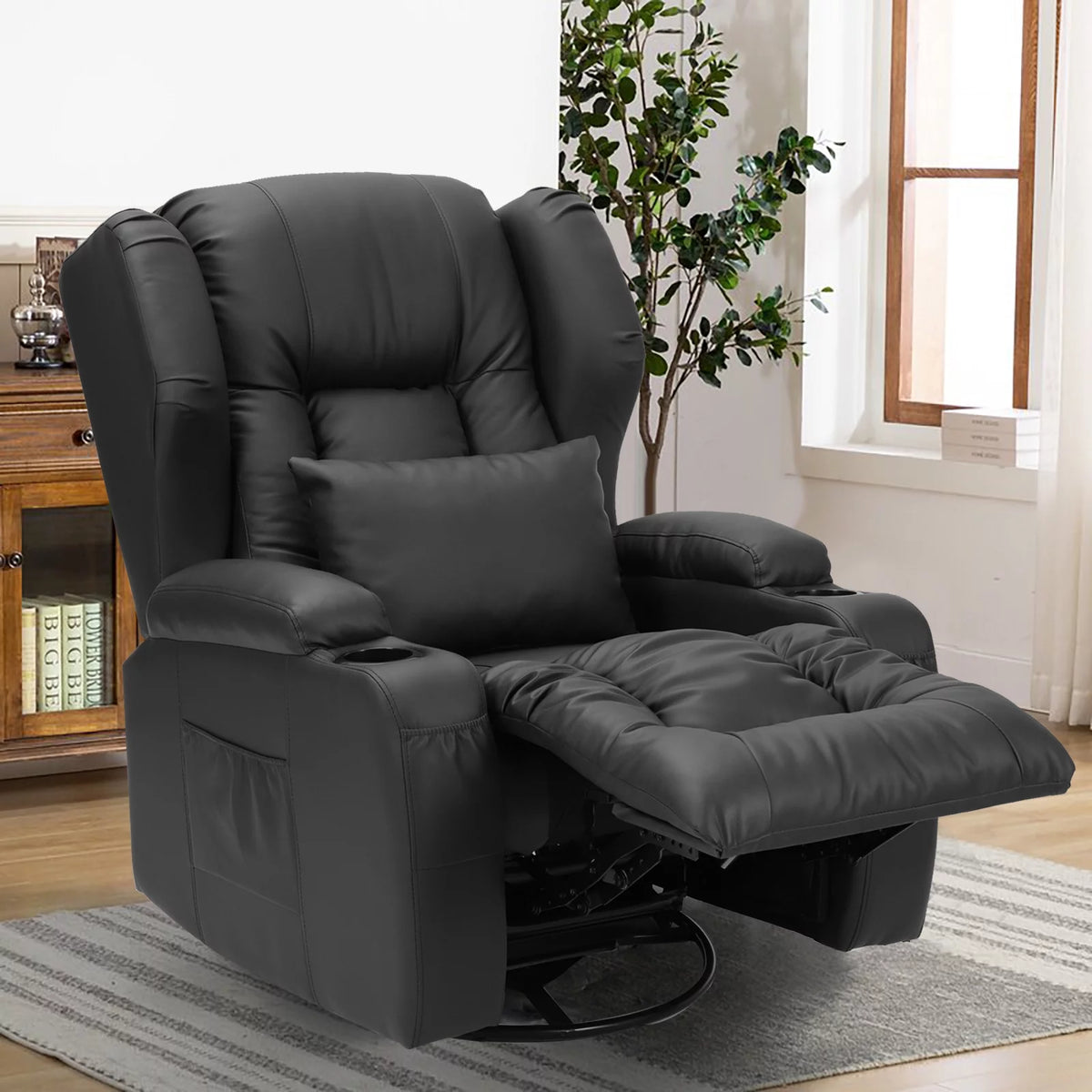 Faux Leather Swivel Rocker Recliner Chair with Cup Holder C9210